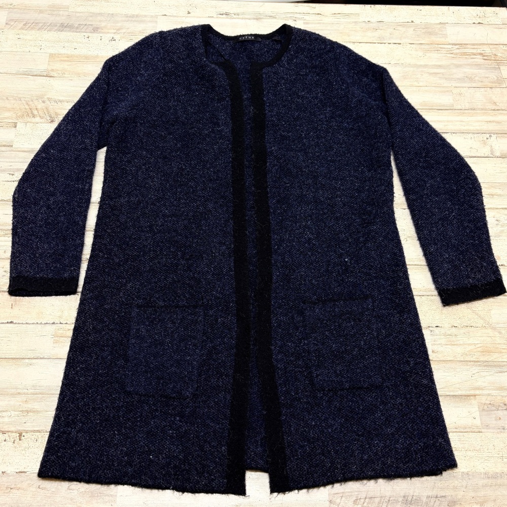 Cyrus Purple Black Knit Open Front Cardigan Sweater Large Long Sleeve Pockets